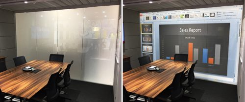 The technology works on an electrical principle transforming from frosted glass to clear with a simple press of a button. Switchable smart projection screens support HD rear projection in frosted (high contrast) or transparent (holographic) modes.