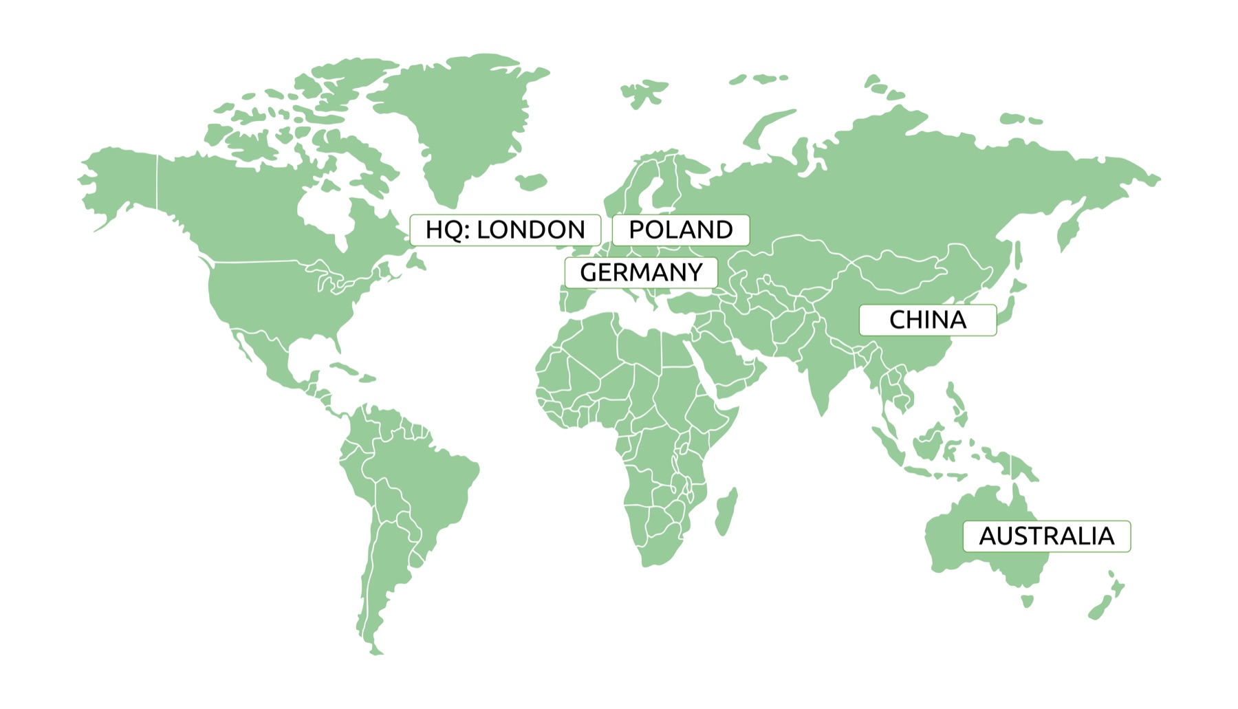 World map marking LT Smart offices: headquarters in London, plus Poland, Germany, China and Australia
